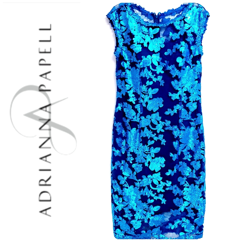 NWOT Adrianna Papell Turq. Sequined Sheath… - Picture 1 of 12